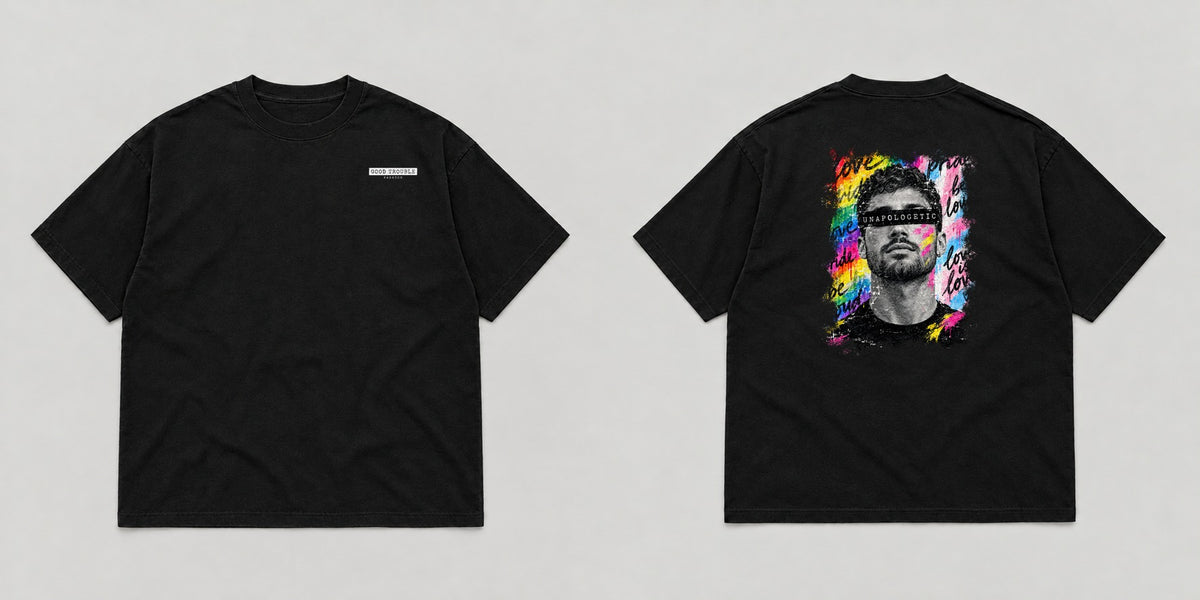 Unapologetic Pride Tee in Black, bearded man design, front and back flat lay - Good Trouble Fashion