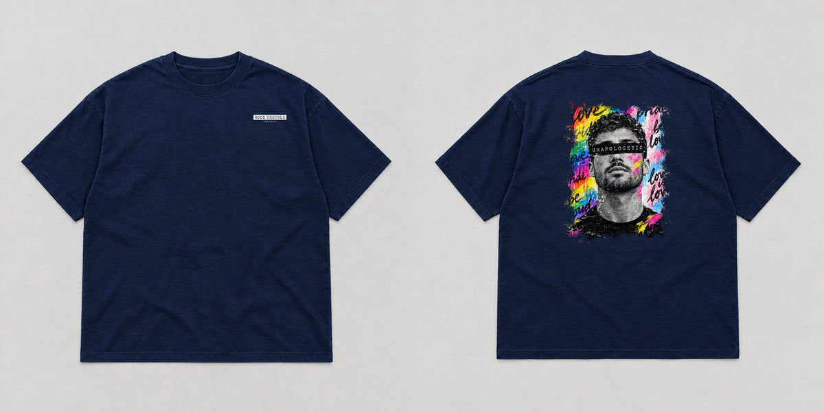 Unapologetic Pride Tee in Navy, bearded man design, front and back flat lay - Good Trouble Fashion