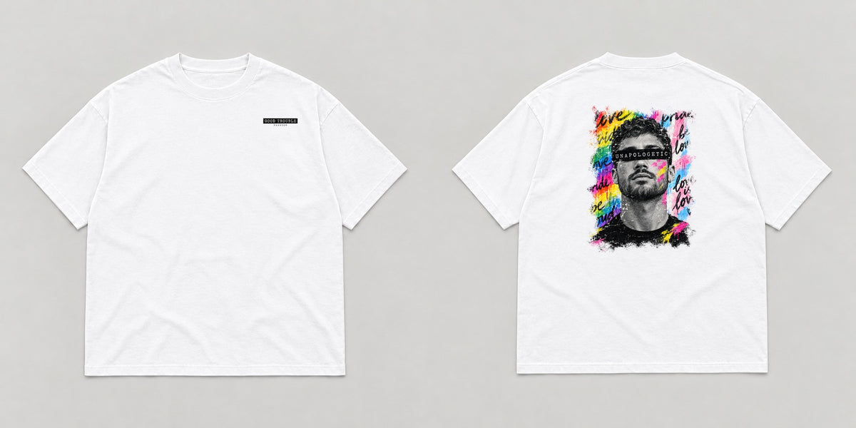 Unapologetic Pride Tee in White, bearded man design, front and back flat lay - Good Trouble Fashion