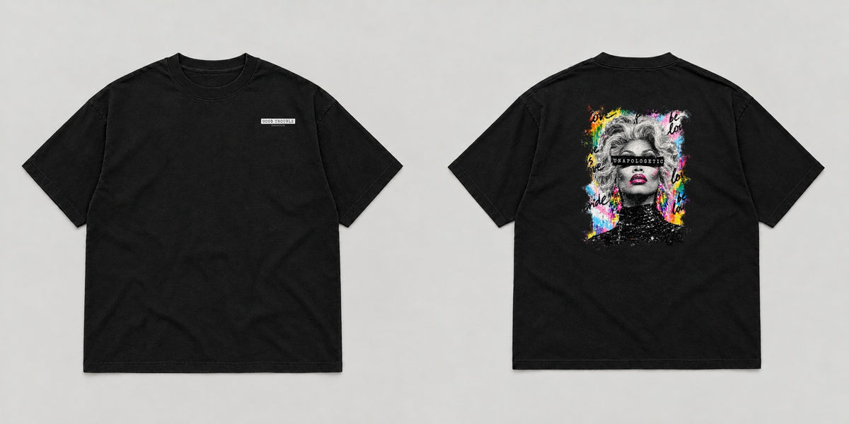 Unapologetic Pride Tee in Black, drag queen design, front and back flat lay - Good Trouble Fashion