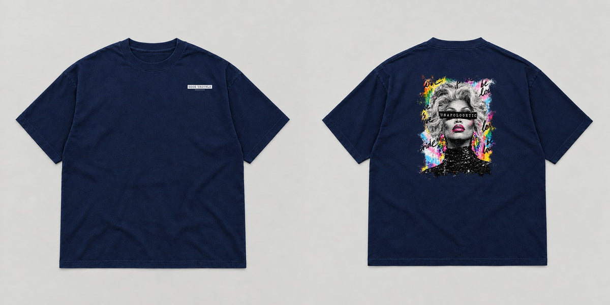 Unapologetic Pride Tee in Navy, drag queen design, front and back flat lay - Good Trouble Fashion