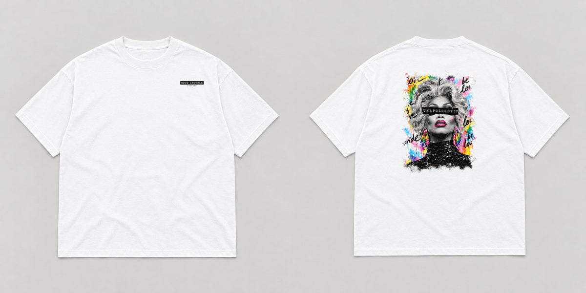 Unapologetic Pride Tee in White, drag queen design, front and back flat lay - Good Trouble Fashion