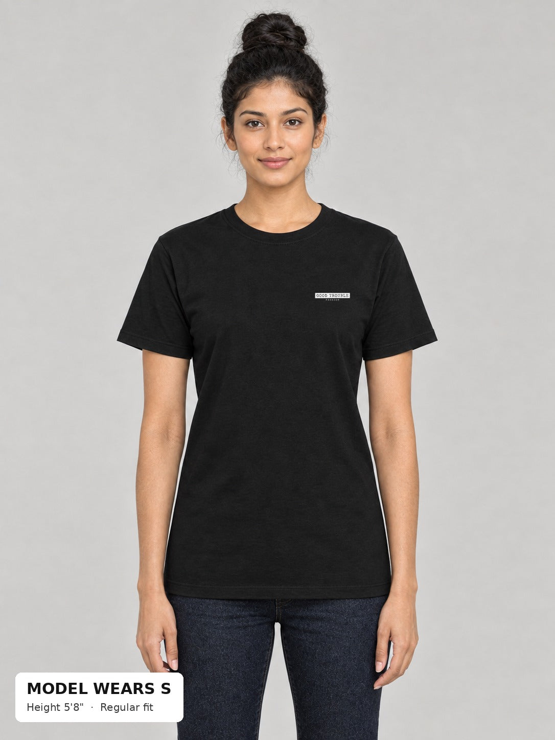 Unapologetic Pride Tee in Black, front, Good Trouble Fashion left-chest label, on a slim model wearing size S, 5'8" - Good Trouble Fashion