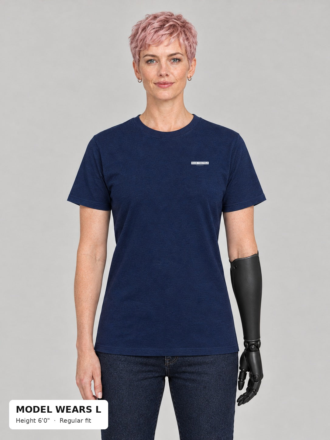 Unapologetic Pride Tee in Navy, front, Good Trouble Fashion left-chest label, on an athletic model wearing size L, 6'0" - Good Trouble Fashion