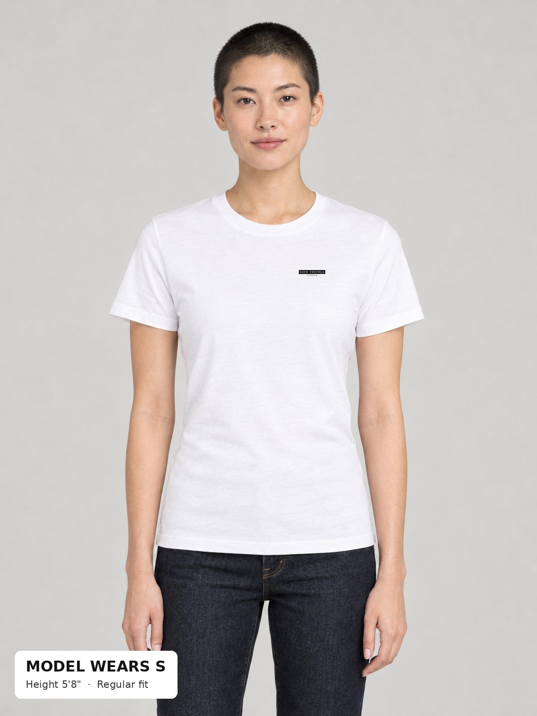 Unapologetic Pride Tee in White, front, Good Trouble Fashion left-chest label, on a slim model wearing size S, 5'8" - Good Trouble Fashion