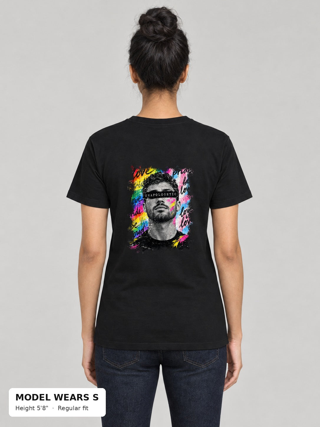 Unapologetic Pride Tee in Black, back, Unapologetic bearded man portrait print, on a slim model wearing size S, 5'8" - Good Trouble Fashion