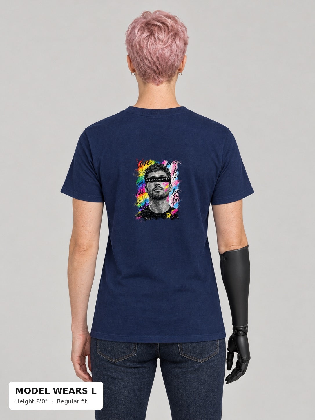 Unapologetic Pride Tee in Navy, back, Unapologetic bearded man portrait print, on an athletic model wearing size L, 6'0" - Good Trouble Fashion