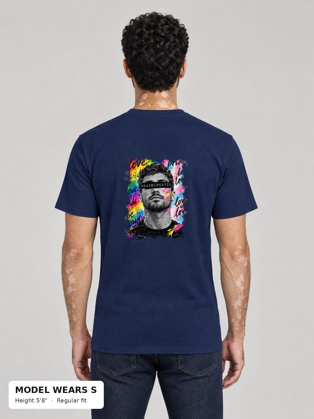 Unapologetic Pride Tee in Navy, back, Unapologetic bearded man portrait print, on a slim model wearing size S, 5'8" - Good Trouble Fashion