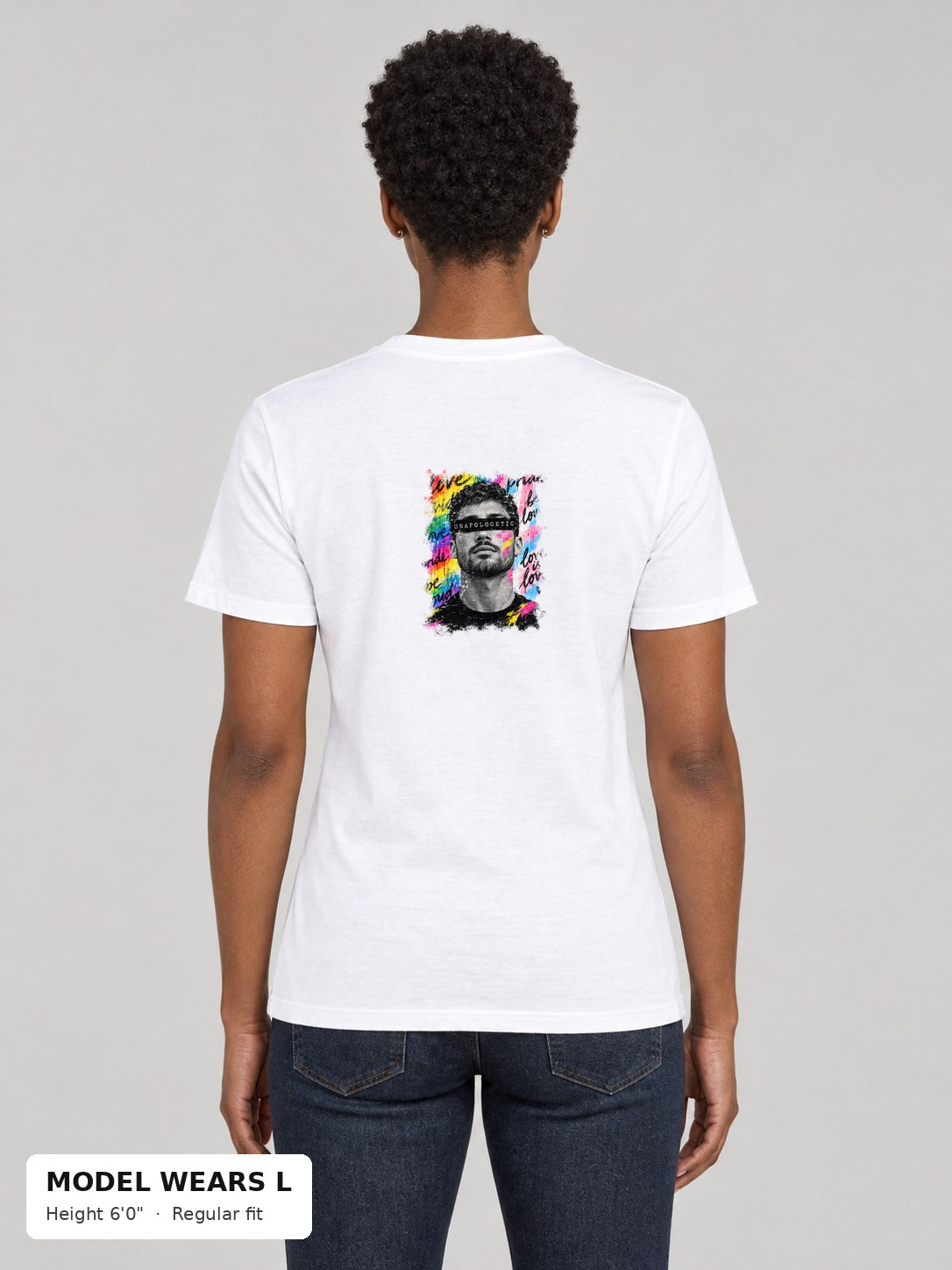 Unapologetic Pride Tee in White, back, Unapologetic bearded man portrait print, on an athletic model wearing size L, 6'0" - Good Trouble Fashion