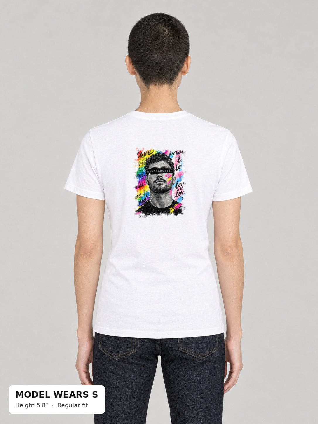 Unapologetic Pride Tee in White, back, Unapologetic bearded man portrait print, on a slim model wearing size S, 5'8" - Good Trouble Fashion