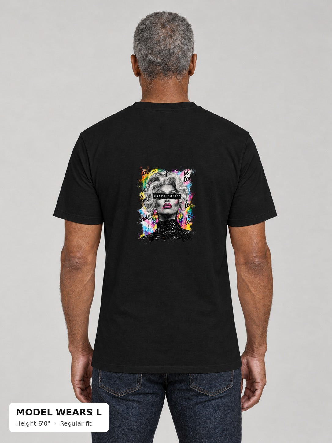 Unapologetic Pride Tee in Black, back, Unapologetic drag queen portrait print, on an athletic model wearing size L, 6'0" - Good Trouble Fashion