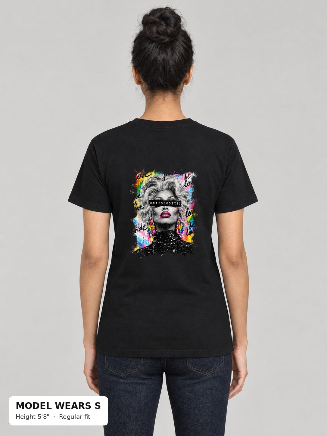 Unapologetic Pride Tee in Black, back, Unapologetic drag queen portrait print, on a slim model wearing size S, 5'8" - Good Trouble Fashion