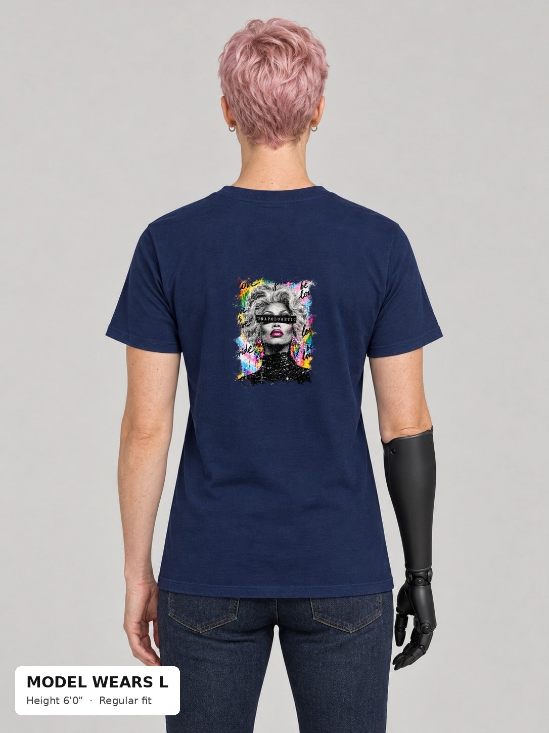 Unapologetic Pride Tee in Navy, back, Unapologetic drag queen portrait print, on an athletic model wearing size L, 6'0" - Good Trouble Fashion