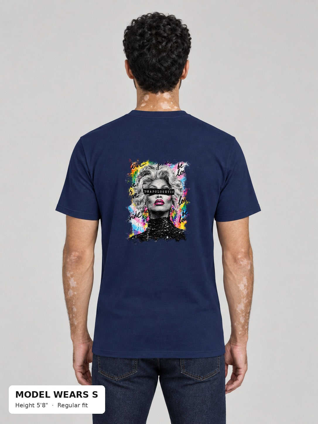 Unapologetic Pride Tee in Navy, back, Unapologetic drag queen portrait print, on a slim model wearing size S, 5'8" - Good Trouble Fashion