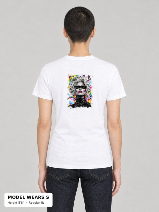 Unapologetic Pride Tee in White, back, Unapologetic drag queen portrait print, on a slim model wearing size S, 5'8" - Good Trouble Fashion