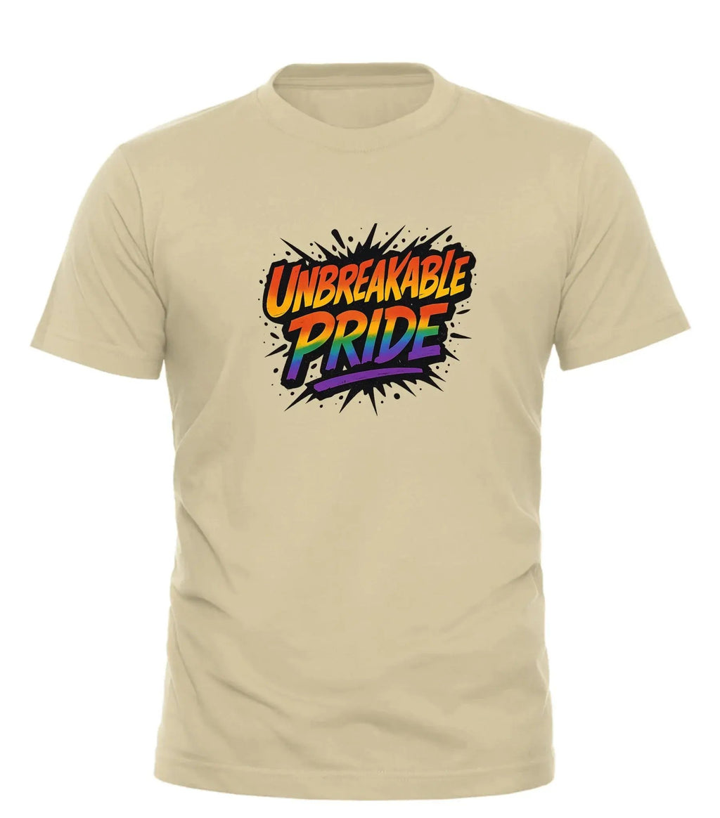 Good Trouble Garments unbreakable pride t-shirt with rainbow comic style text on beige fabric