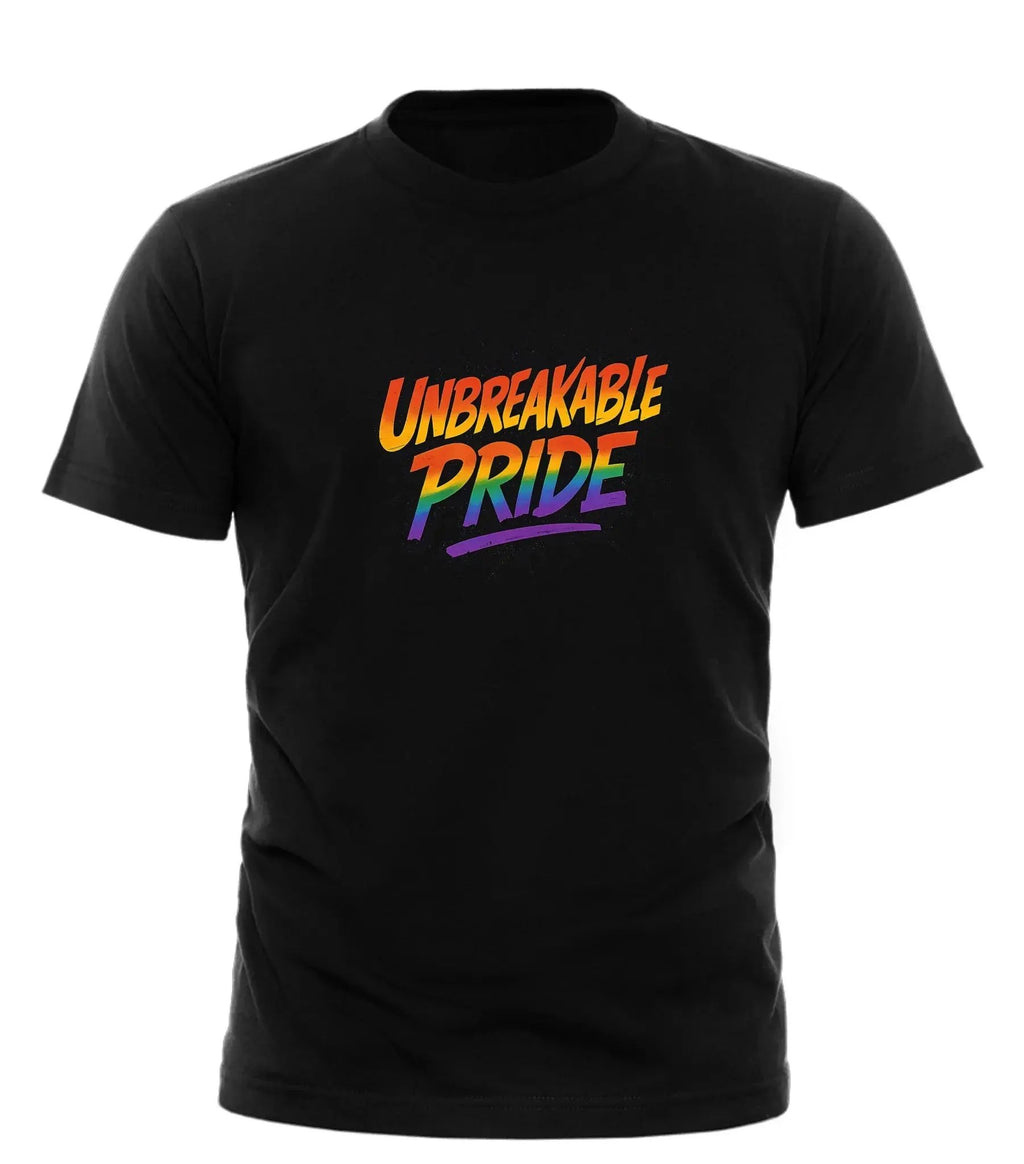 Black unbreakable pride t-shirt with rainbow colored text from Good Trouble Garments