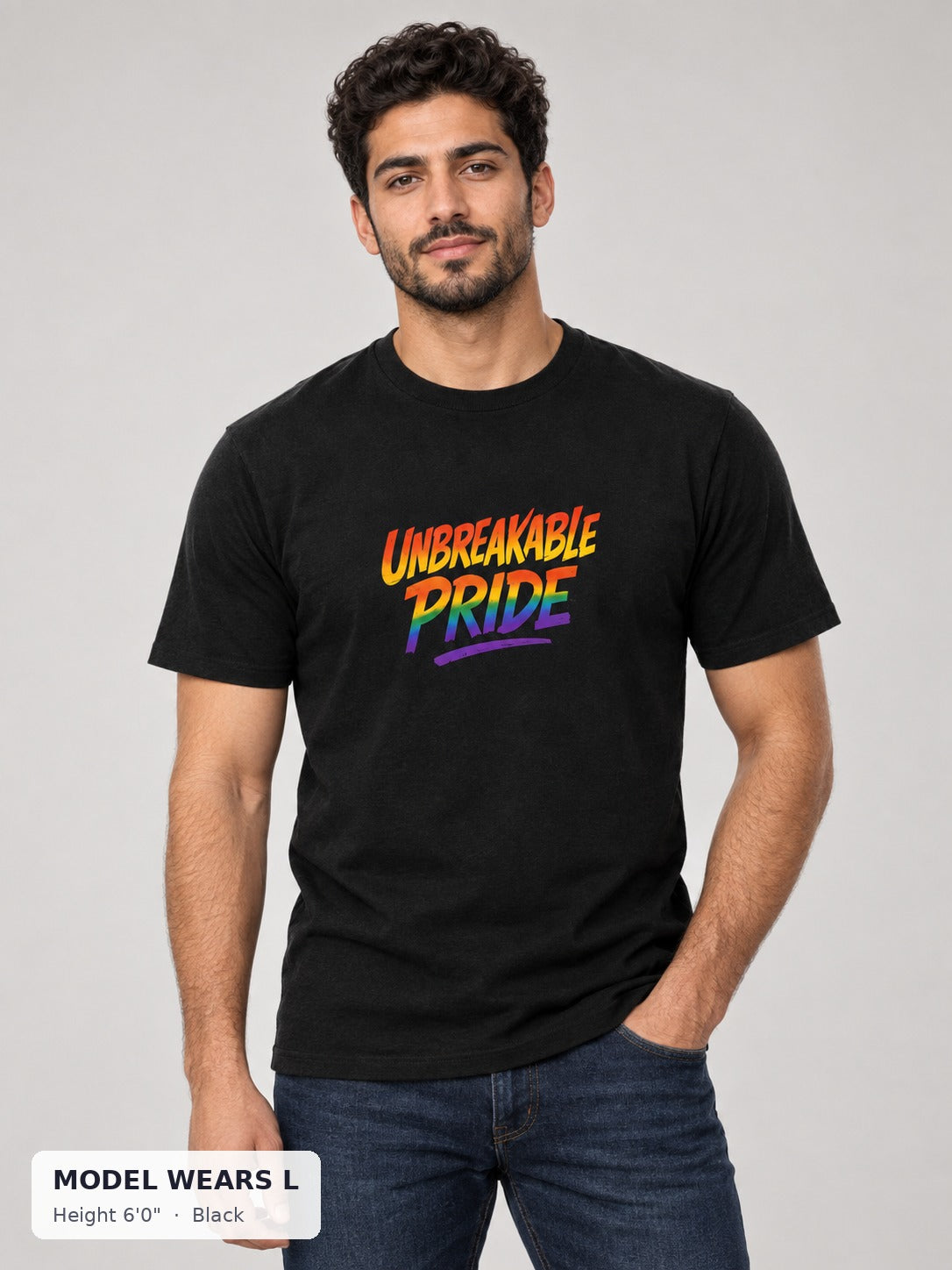 Unbreakable Pride Tee in Black on an athletic model wearing size L, 6'0" - Good Trouble Fashion
