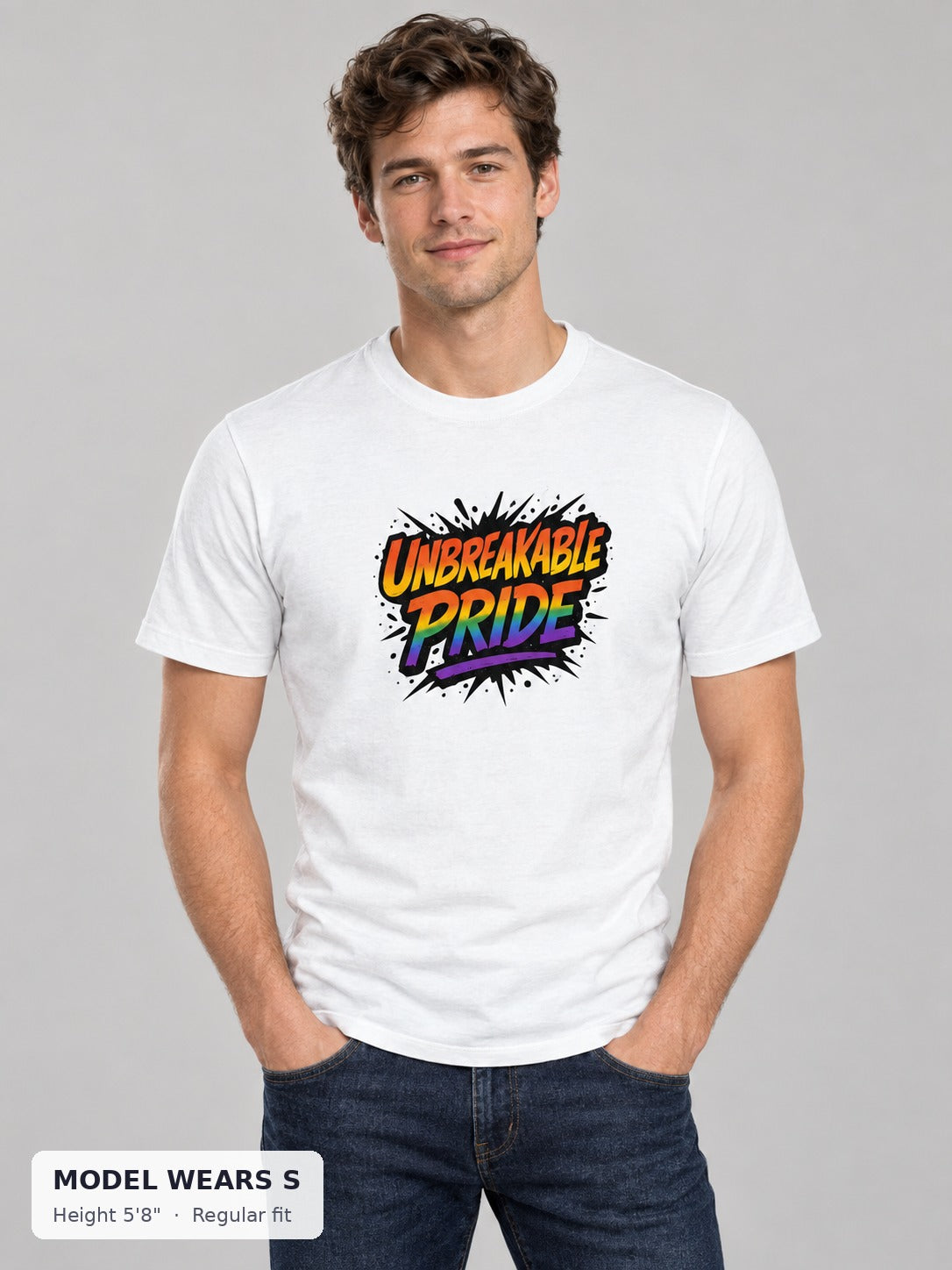 Unbreakable Pride Tee on a slim model wearing size S, 5'8" - Good Trouble Fashion