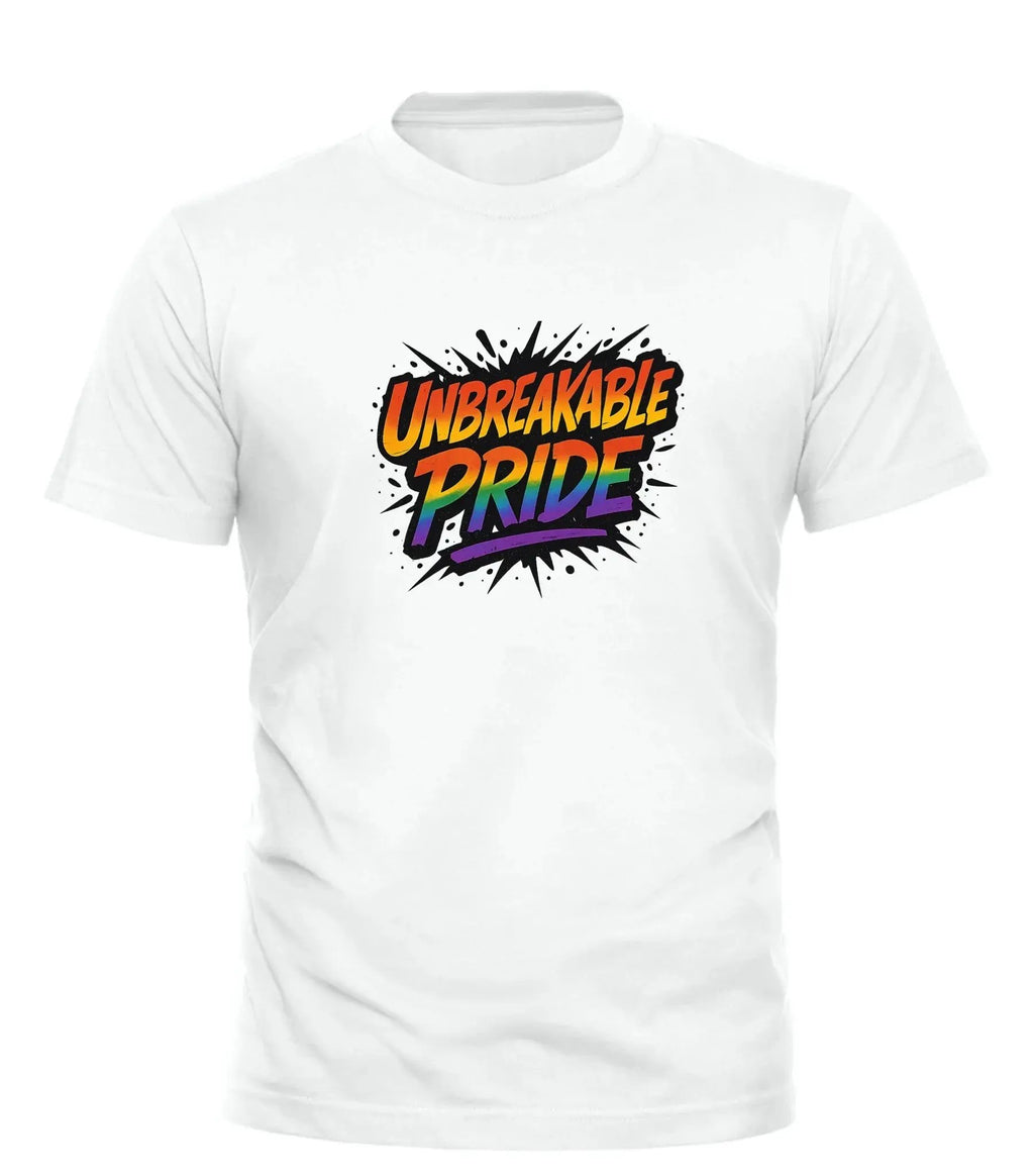 Good Trouble Garments unbreakable pride t-shirt in white with colorful bold graphic text