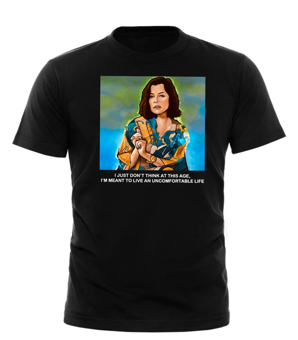 Good Trouble Garments Uncomfortable Life Graphic Tee featuring a bold design and statement on a black shirt