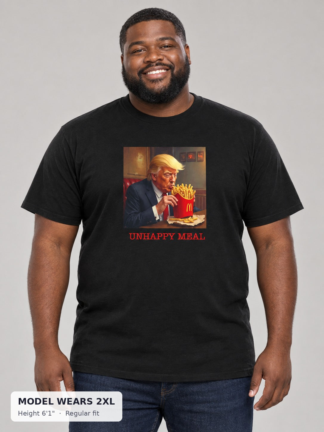 Unhappy Meal Anti-Trump Tee on a plus-size model wearing size 2XL, 6'1" - Good Trouble Fashion
