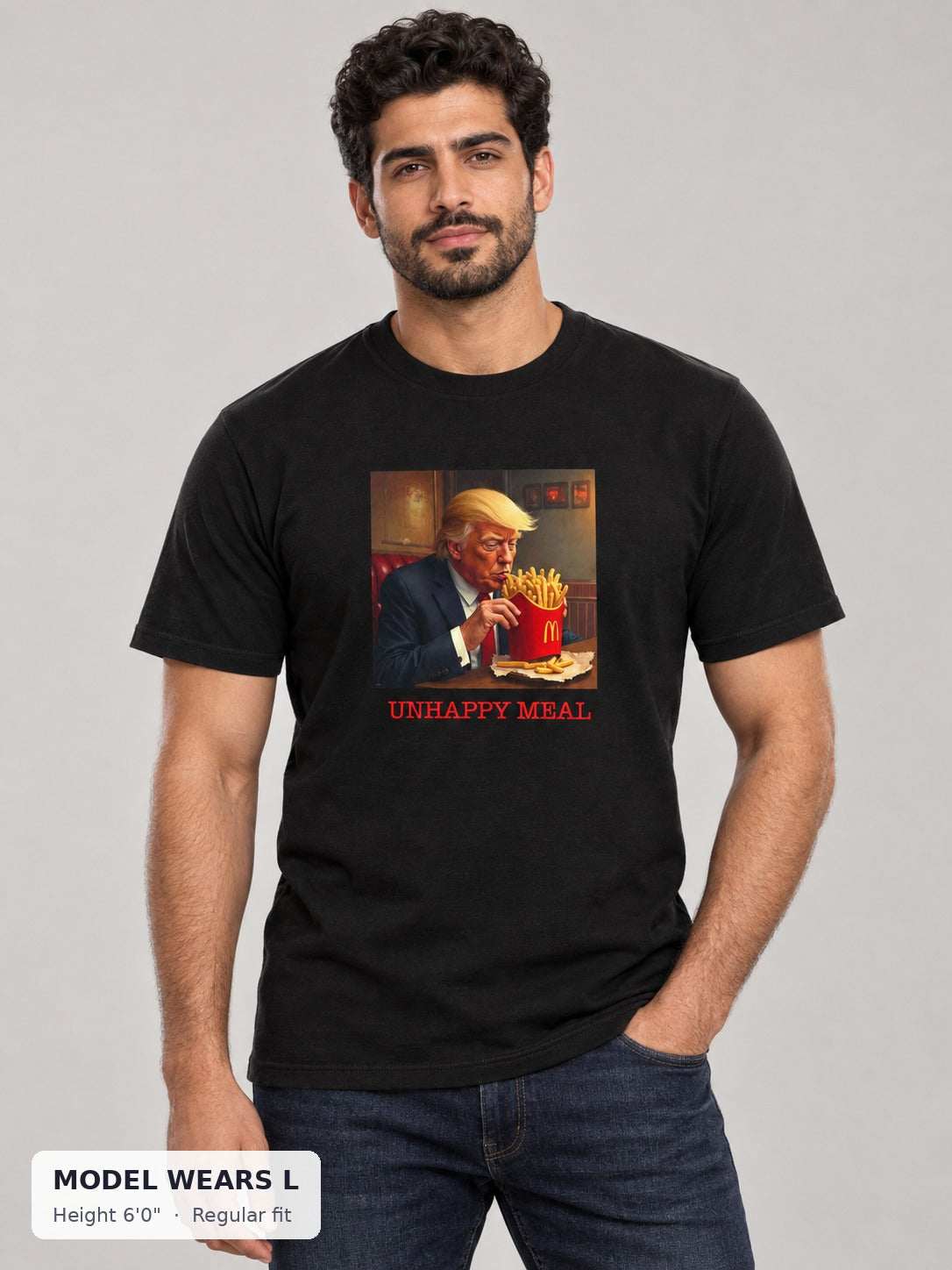 Unhappy Meal Anti-Trump Tee on an athletic model wearing size L, 6'0" - Good Trouble Fashion