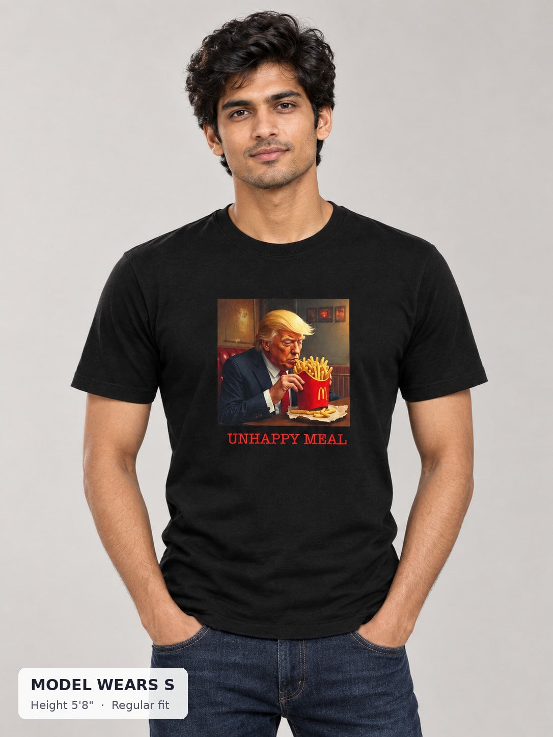 Unhappy Meal Anti-Trump Tee on a slim model wearing size S, 5'8" - Good Trouble Fashion
