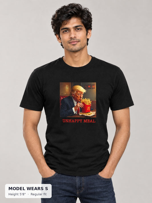 Unhappy Meal Anti-Trump Tee on a slim model wearing size S, 5'8" - Good Trouble Fashion