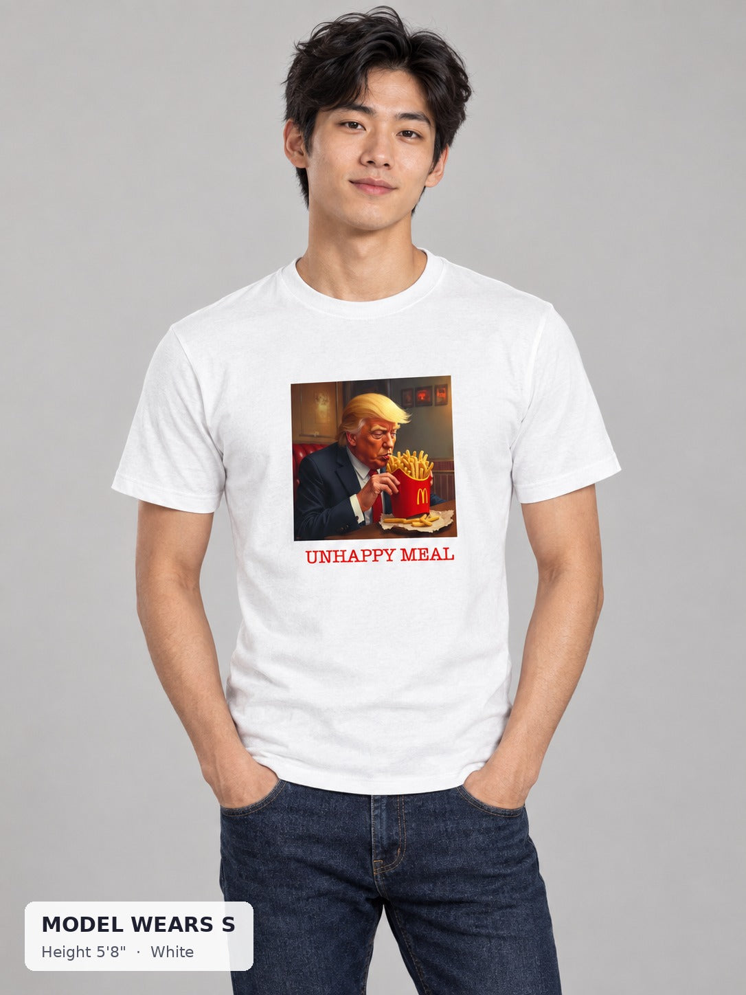 Unhappy Meal Anti-Trump Tee in White on a slim model wearing size S, 5'8" - Good Trouble Fashion