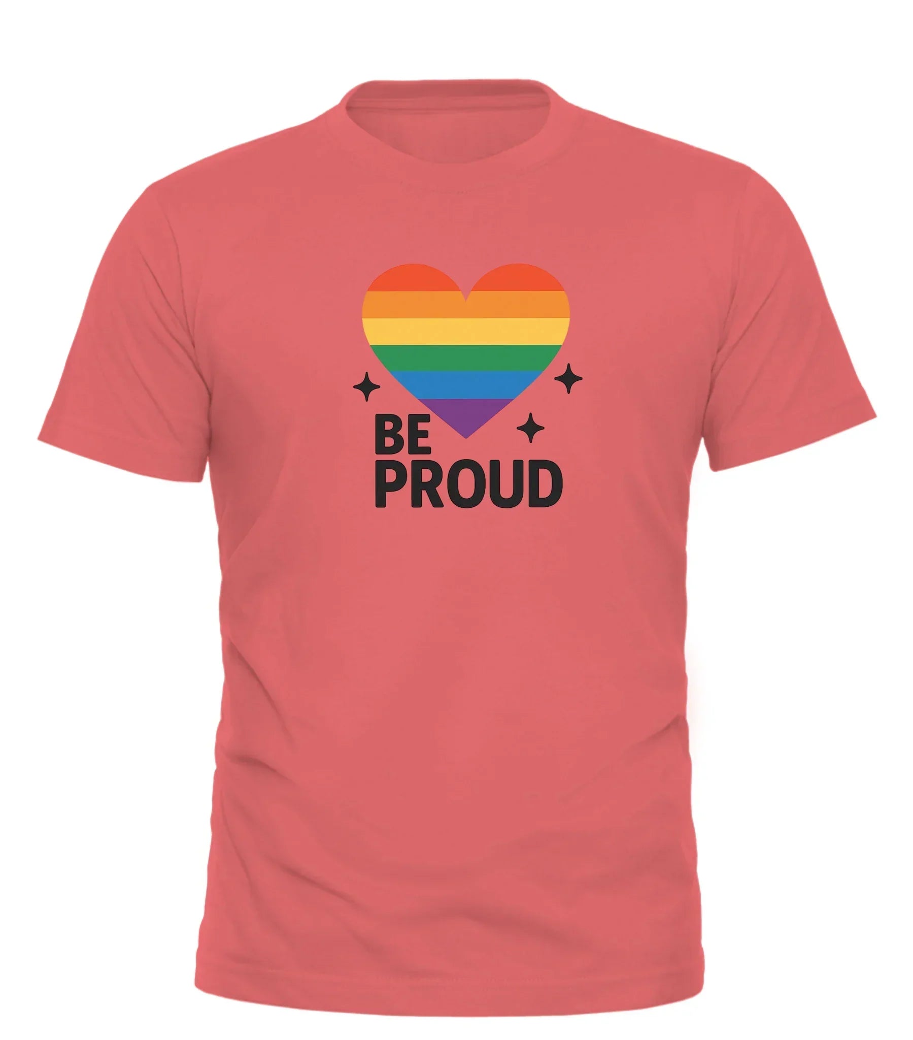 Good Trouble Garments coral t-shirt with rainbow heart and Be Proud text unisex pride parade apparel