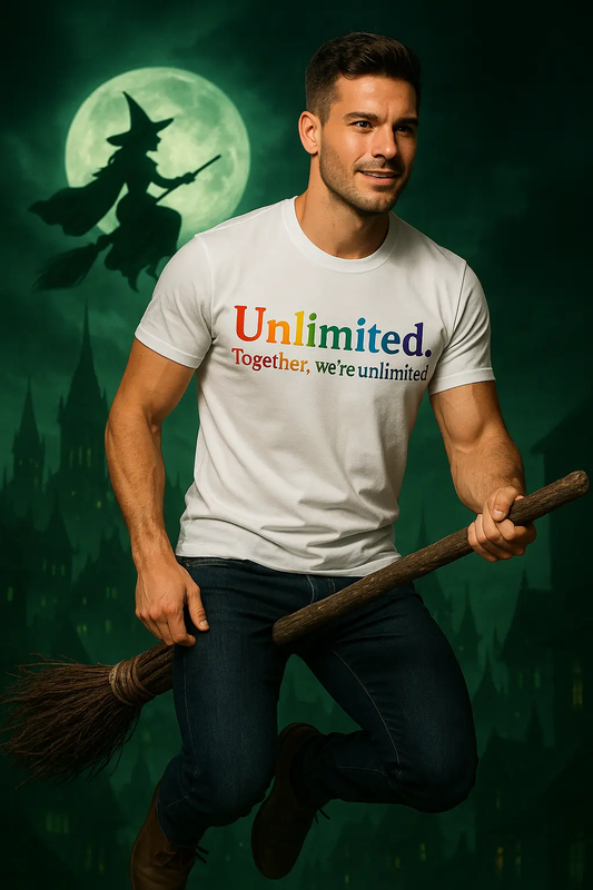 Model wearing Unlimited Pride t-shirt from Good Trouble Garments, promoting inclusivity and empowerment