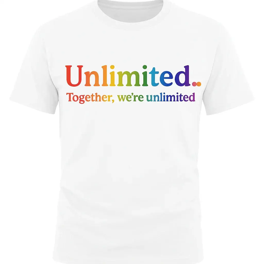 Good Trouble Garments Unlimited Pride T-Shirt in white with colorful slogan for celebrating inclusivity