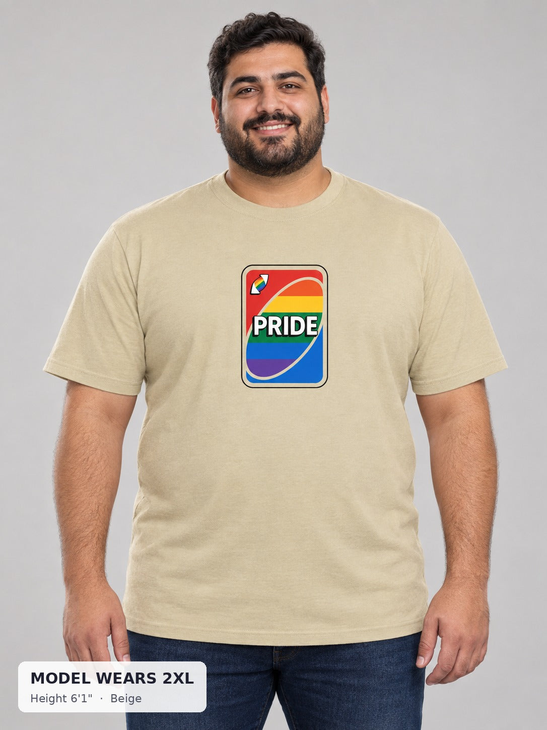 Uno Card Pride Tee in Beige on a plus-size model wearing size 2XL, 6'1" - Good Trouble Fashion