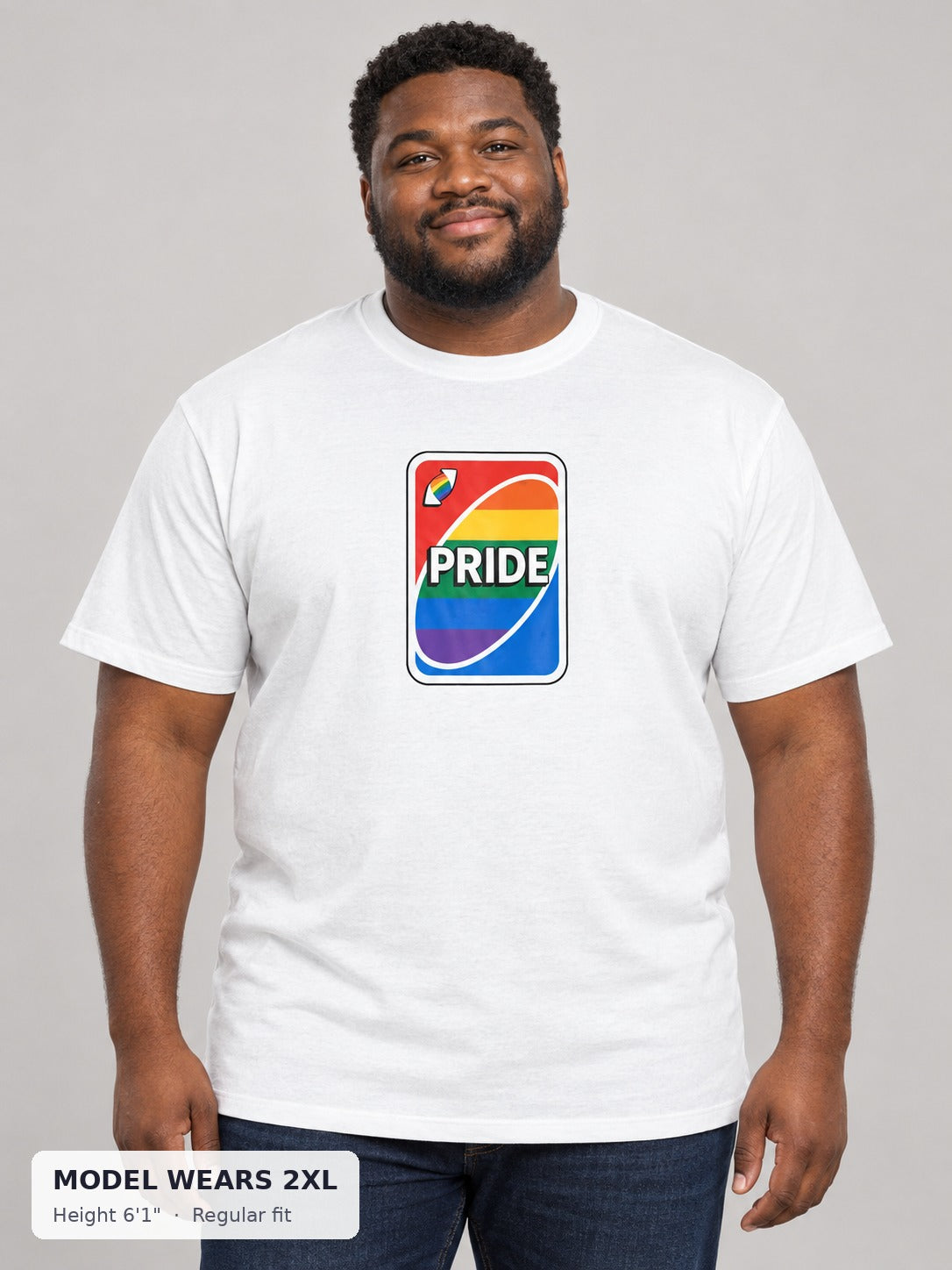 Uno Card Pride Tee on a plus-size model wearing size 2XL, 6'1" - Good Trouble Fashion