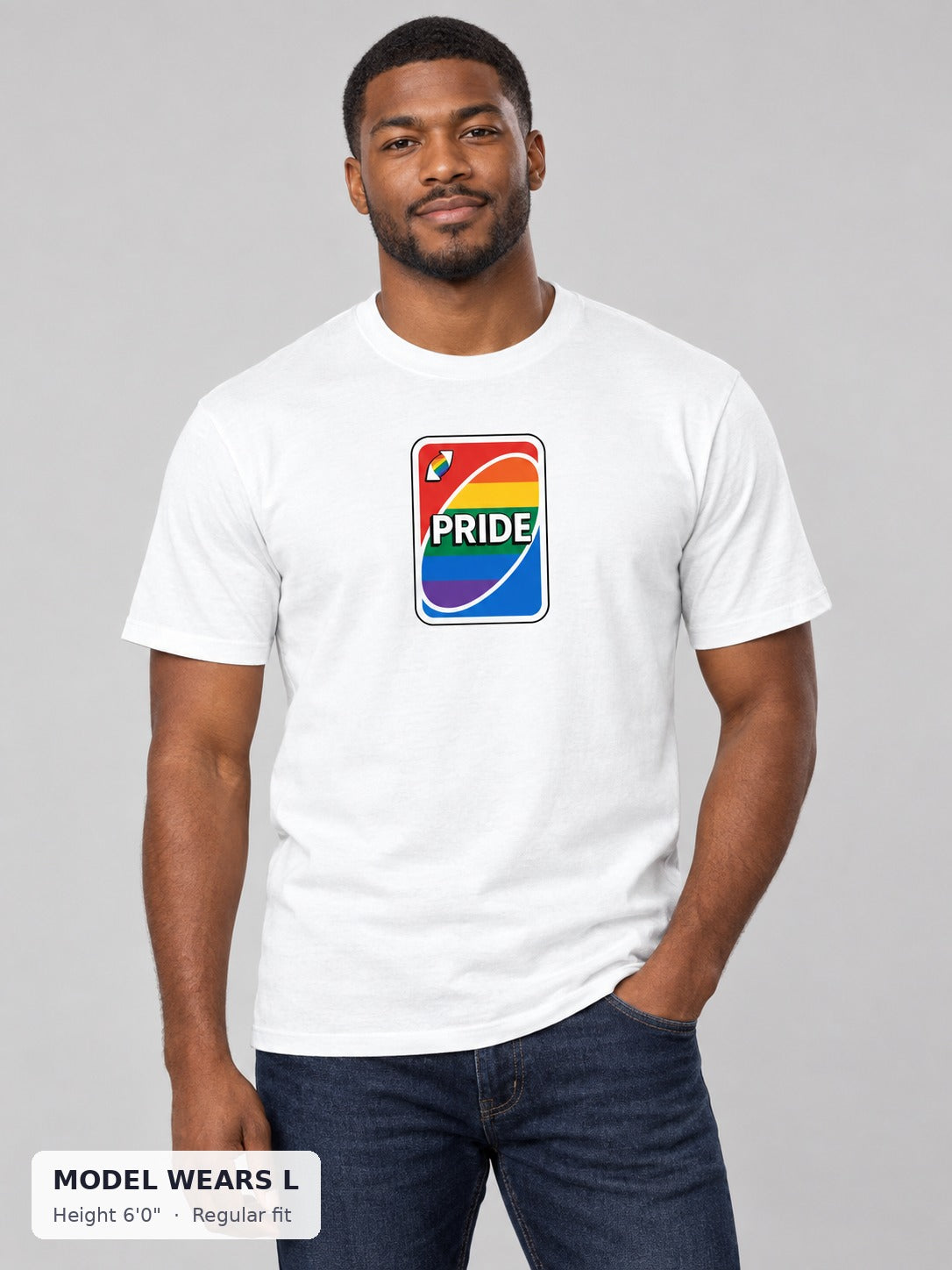 Uno Card Pride Tee on an athletic model wearing size L, 6'0" - Good Trouble Fashion