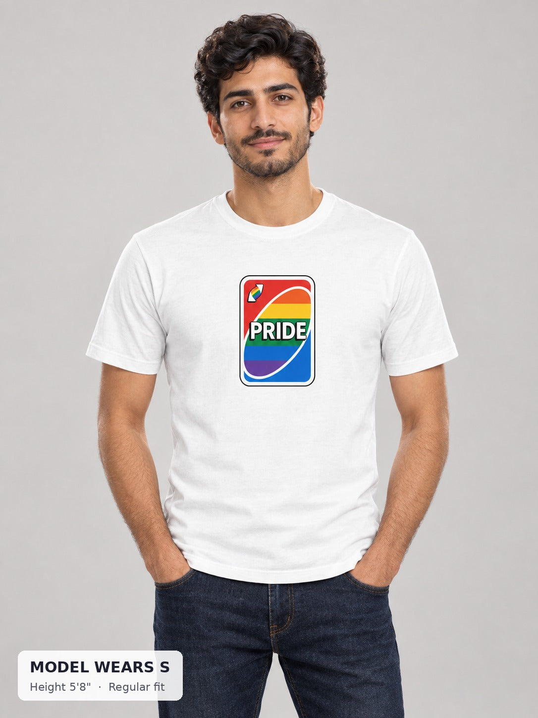 Uno Card Pride Tee on a slim model wearing size S, 5'8" - Good Trouble Fashion
