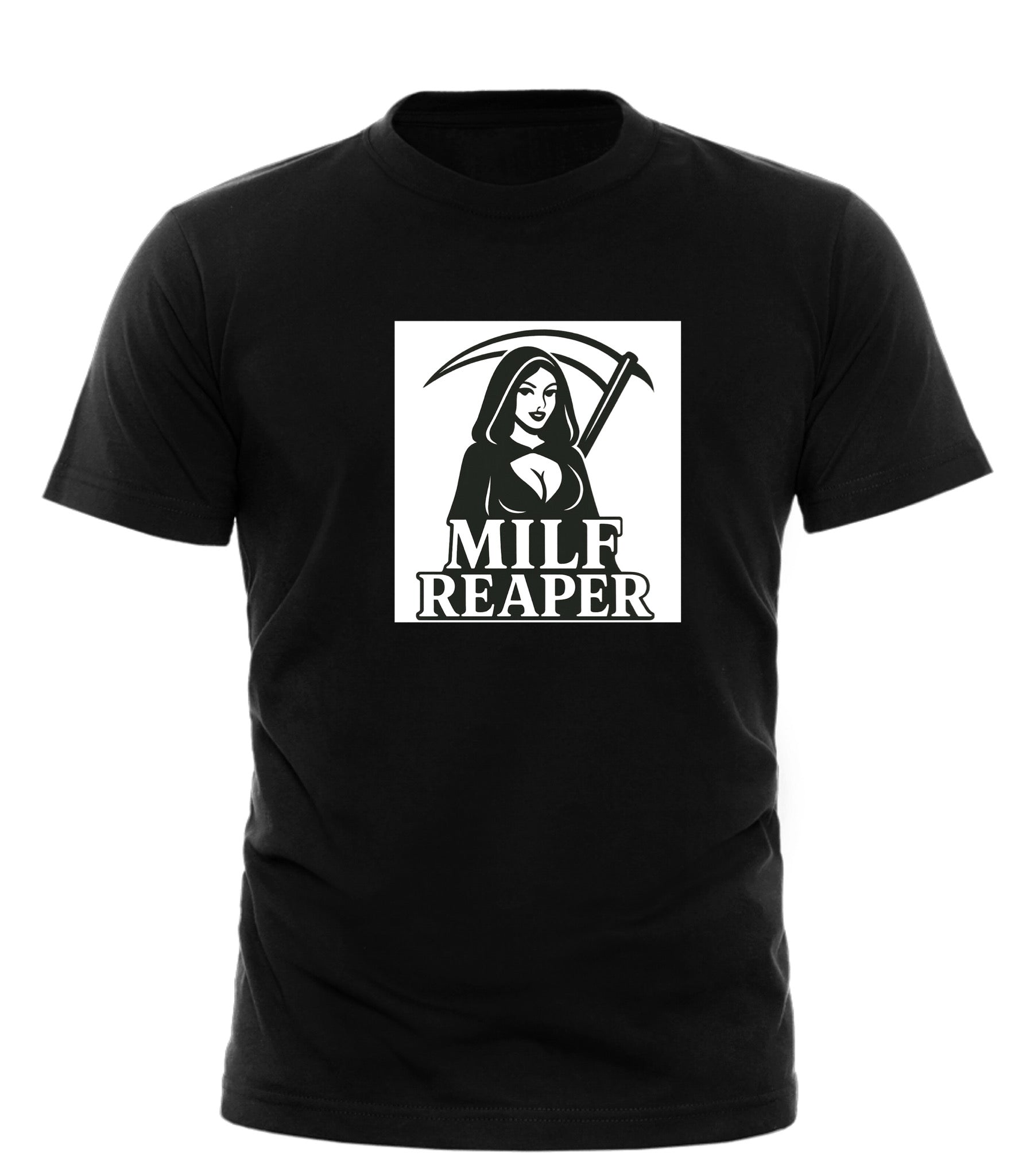 Black cotton MILF Reaper graphic tee by GOOD TROUBLE FASHION featuring stylized female grim reaper with scythe
