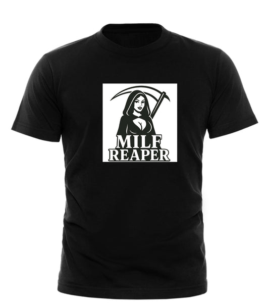 Black cotton MILF Reaper graphic tee by GOOD TROUBLE FASHION featuring stylized female grim reaper with scythe