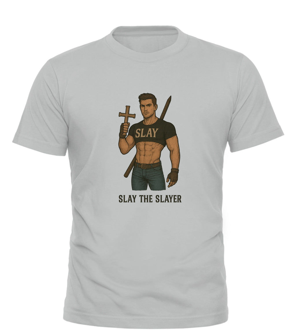 Slay the Slayer graphic tee Good Trouble Garments light gray shirt showing muscular hero holding cross and stake
