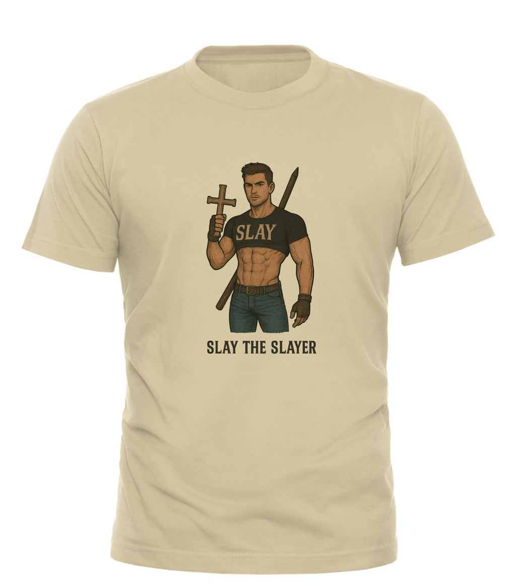 Tan crewneck tee featuring muscular man graphic holding cross and wooden stake with SLAY chest print Slay the Slayer graphic tee