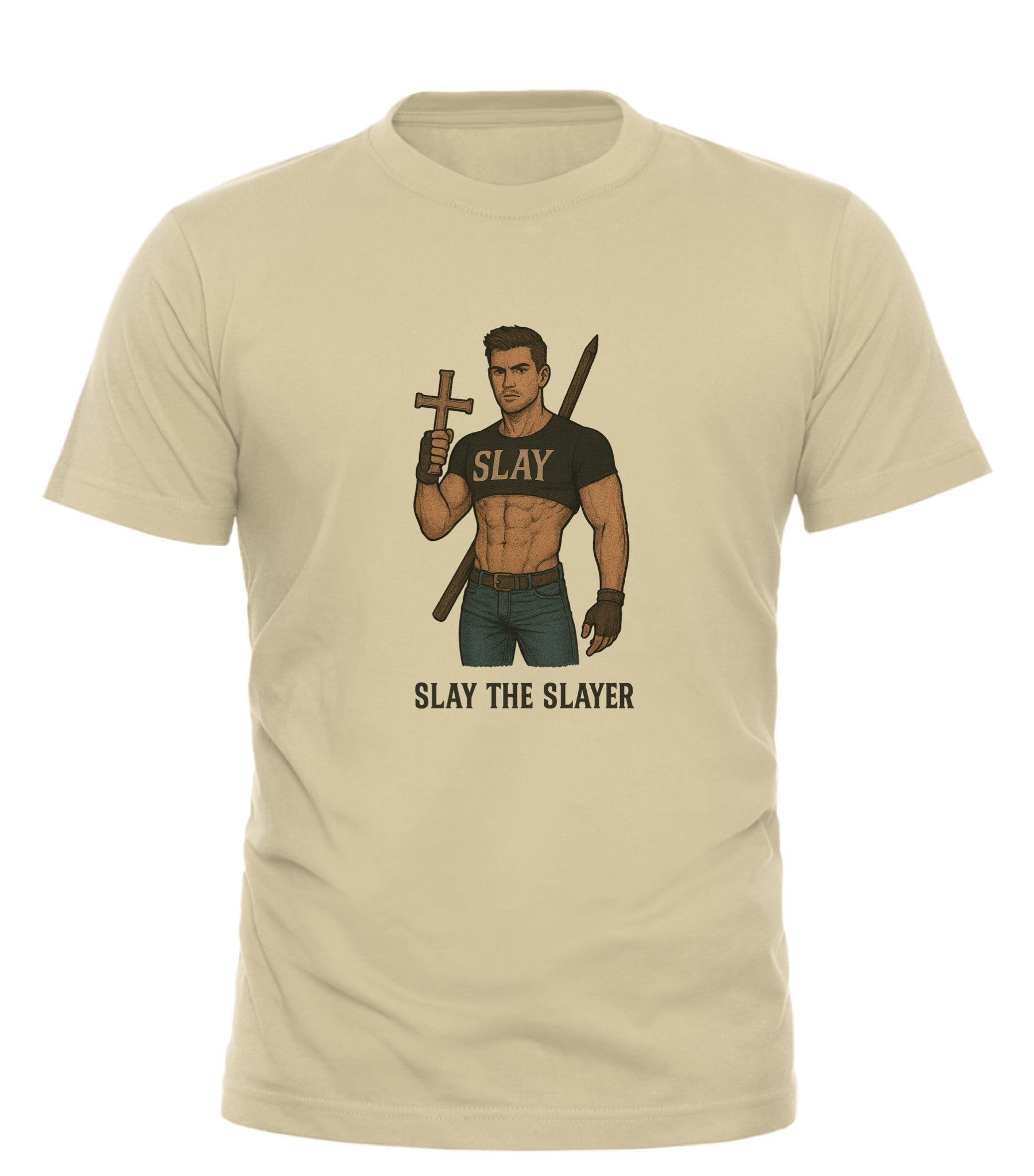 Tan crewneck tee featuring muscular man graphic holding cross and wooden stake with SLAY chest print Slay the Slayer graphic tee