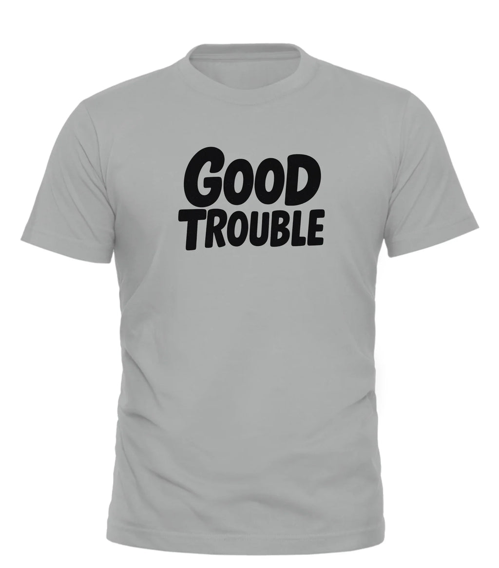 Gray crew neck good trouble t shirt with bold black Good Trouble text printed on the front