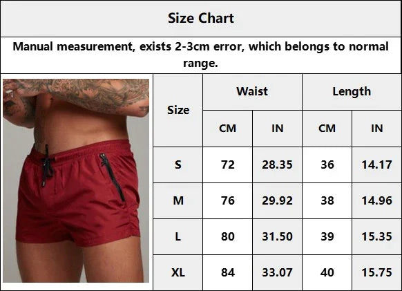 Good Trouble Garments short sexy swim trunks in red with zipper pockets shown on model with size chart