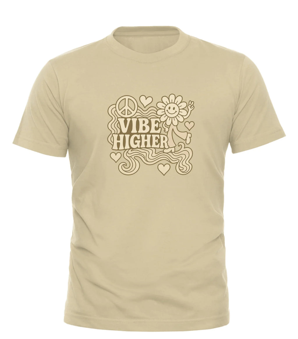 Good Trouble Garments beige vibe higher graphic tee with peace sign and smiling flower design