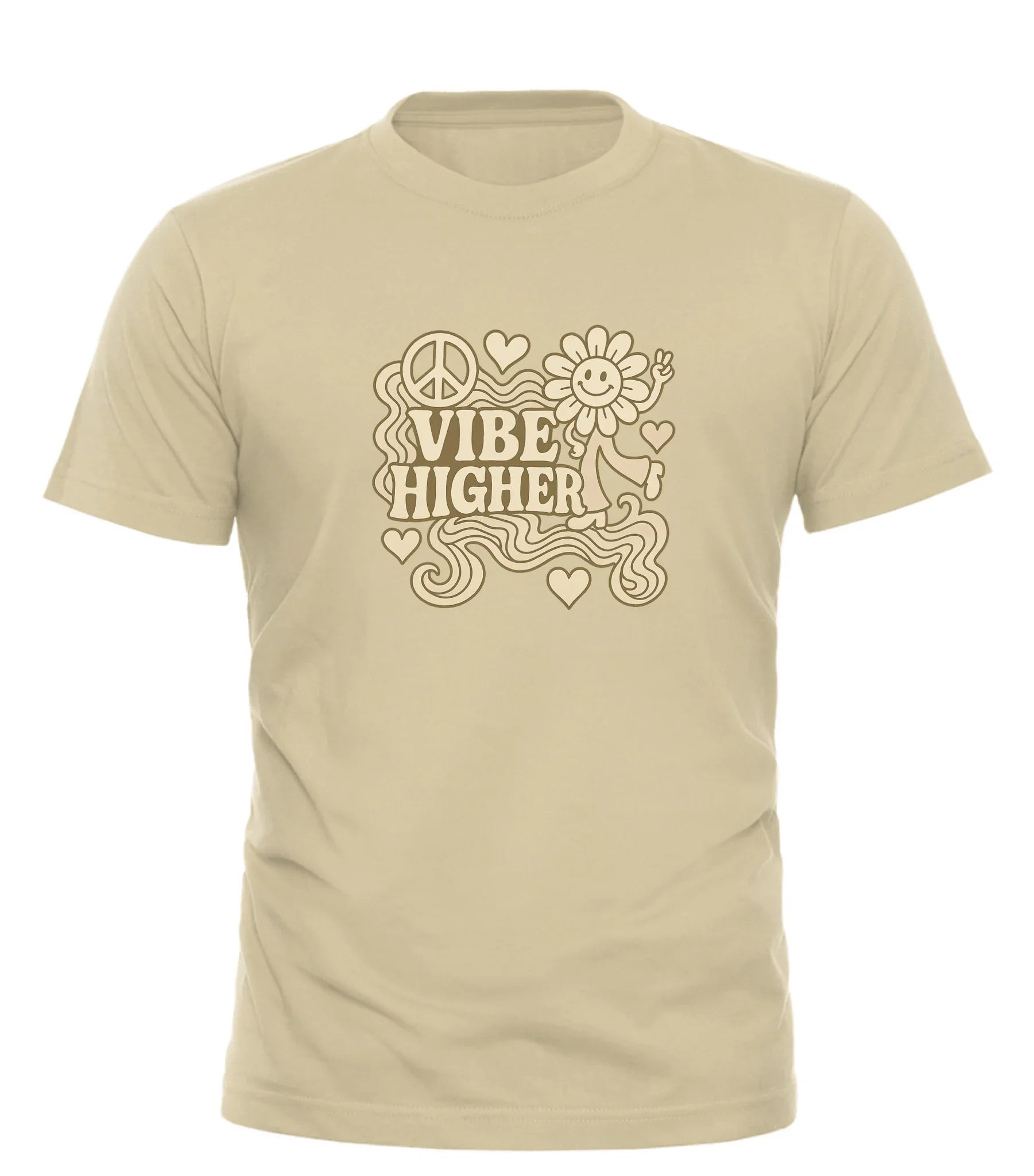Good Trouble Garments beige vibe higher graphic tee with peace sign and smiling flower design