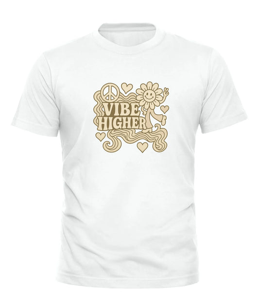 Good Trouble Garments white vibe higher graphic tee with retro flower and peace sign design