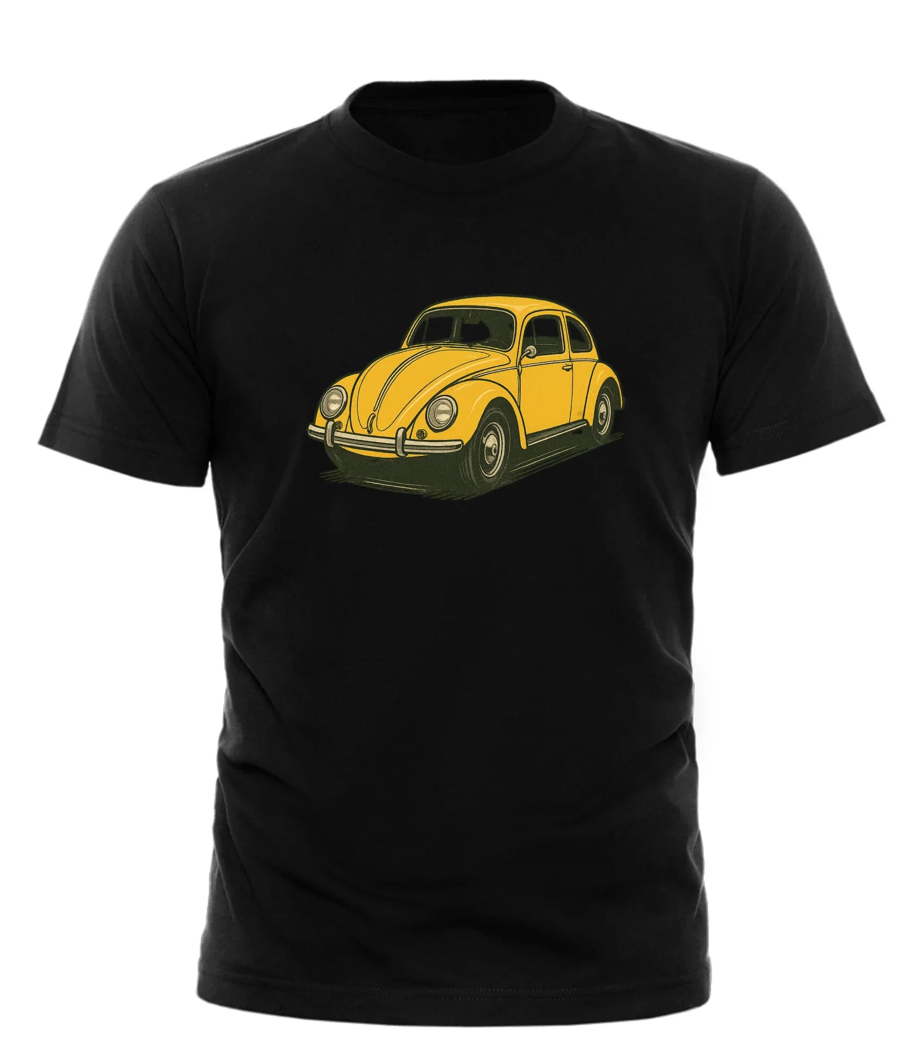 Black t-shirt from Good Trouble Garments featuring a yellow vintage beetle car t-shirt design