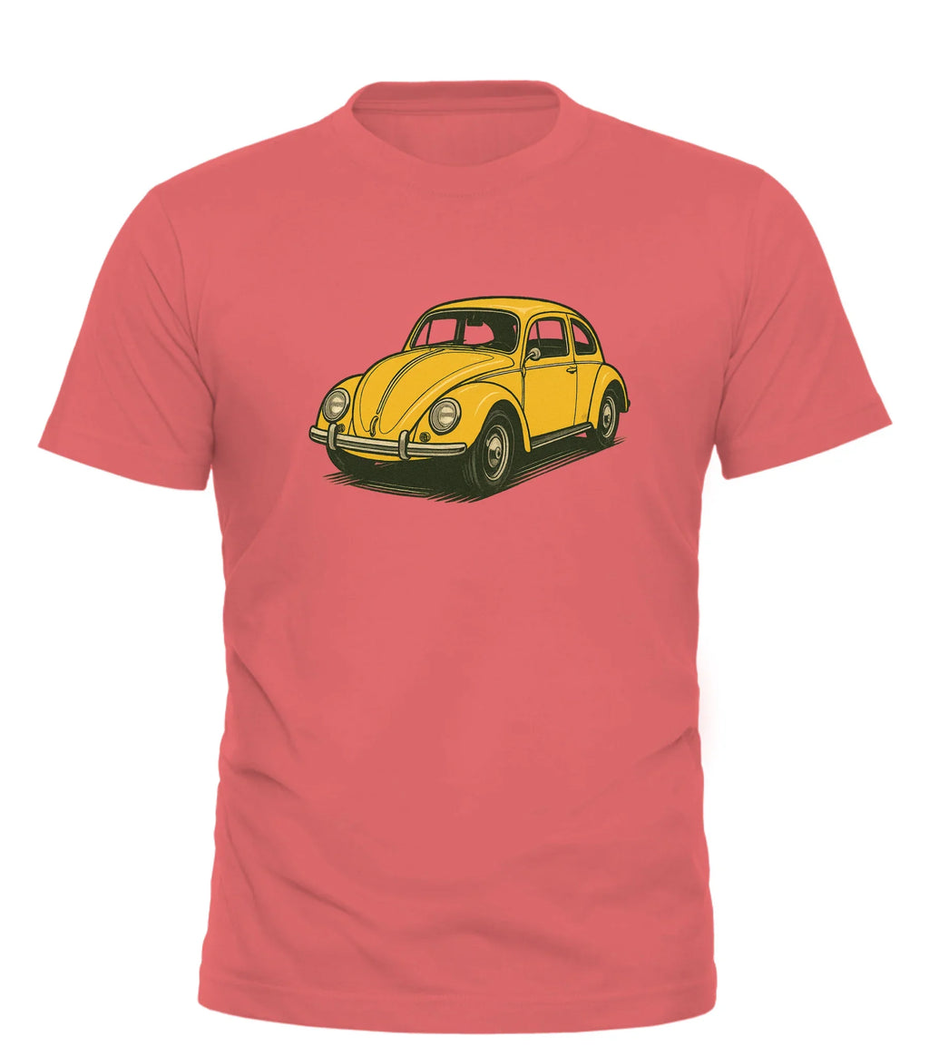Good Trouble Garments vintage beetle car t-shirt with yellow classic car graphic on red background