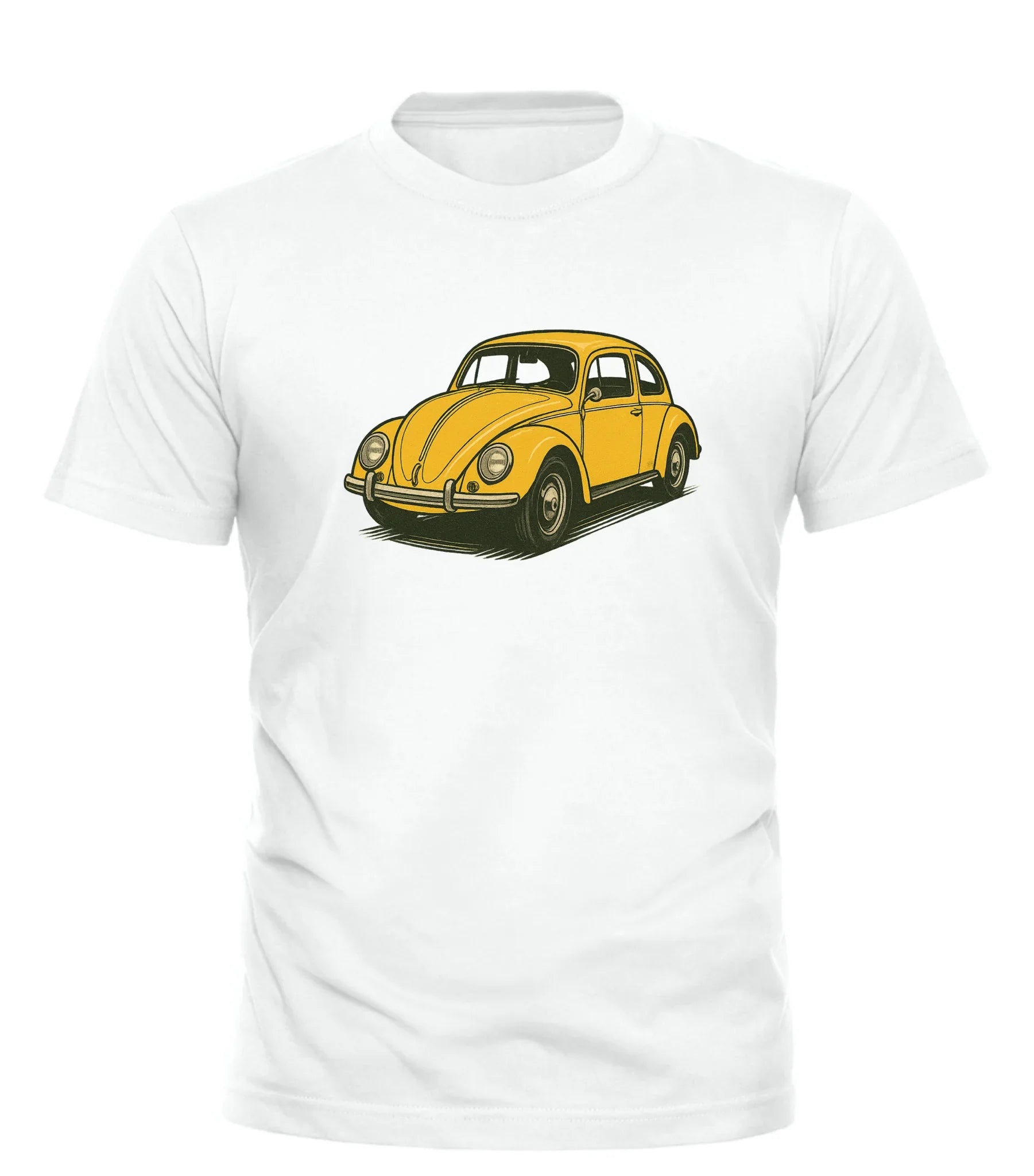 Good Trouble Garments white t-shirt featuring a yellow vintage beetle car t-shirt design